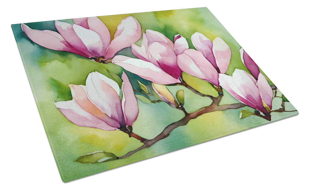 Mississippi Magnolia in Watercolor Cutting Board Tempered Glass Kitchen Surface, Heat Resistant Chopping with Non-Slip Feet,Food Prep & Serving