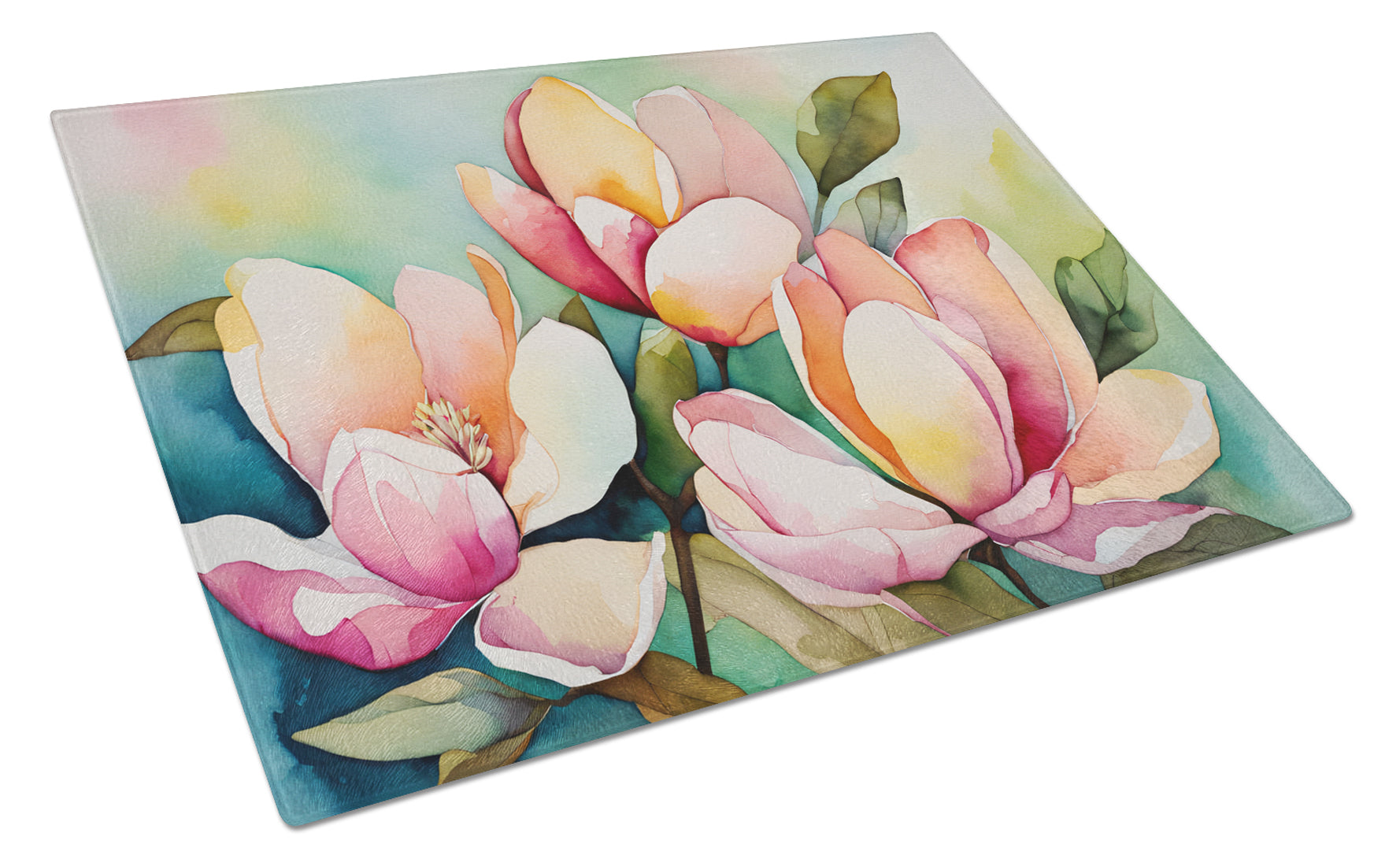 Mississippi Magnolia in Watercolor Cutting Board Tempered Glass Kitchen Surface, Heat Resistant Chopping with Non-Slip Feet,Food Prep & Serving
