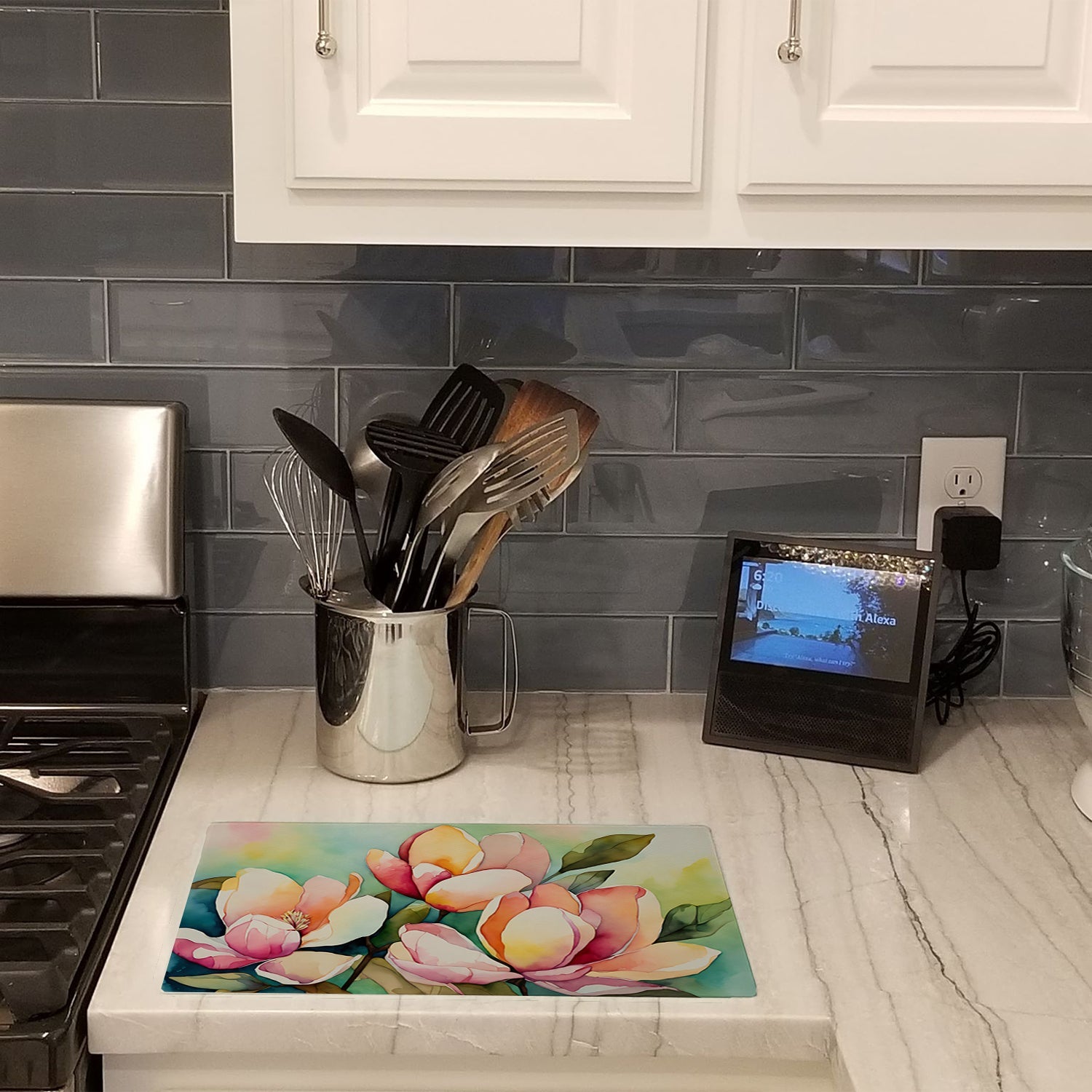 Mississippi Magnolia in Watercolor Cutting Board Tempered Glass Kitchen Surface, Heat Resistant Chopping with Non-Slip Feet,Food Prep & Serving