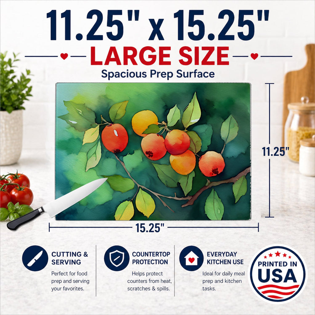 Missouri Hawthorns in Watercolor Cutting Board Tempered Glass Kitchen Cutting Surface, Heat Resistant Chopping, Non-Slip Feet, Food Prep & Serving