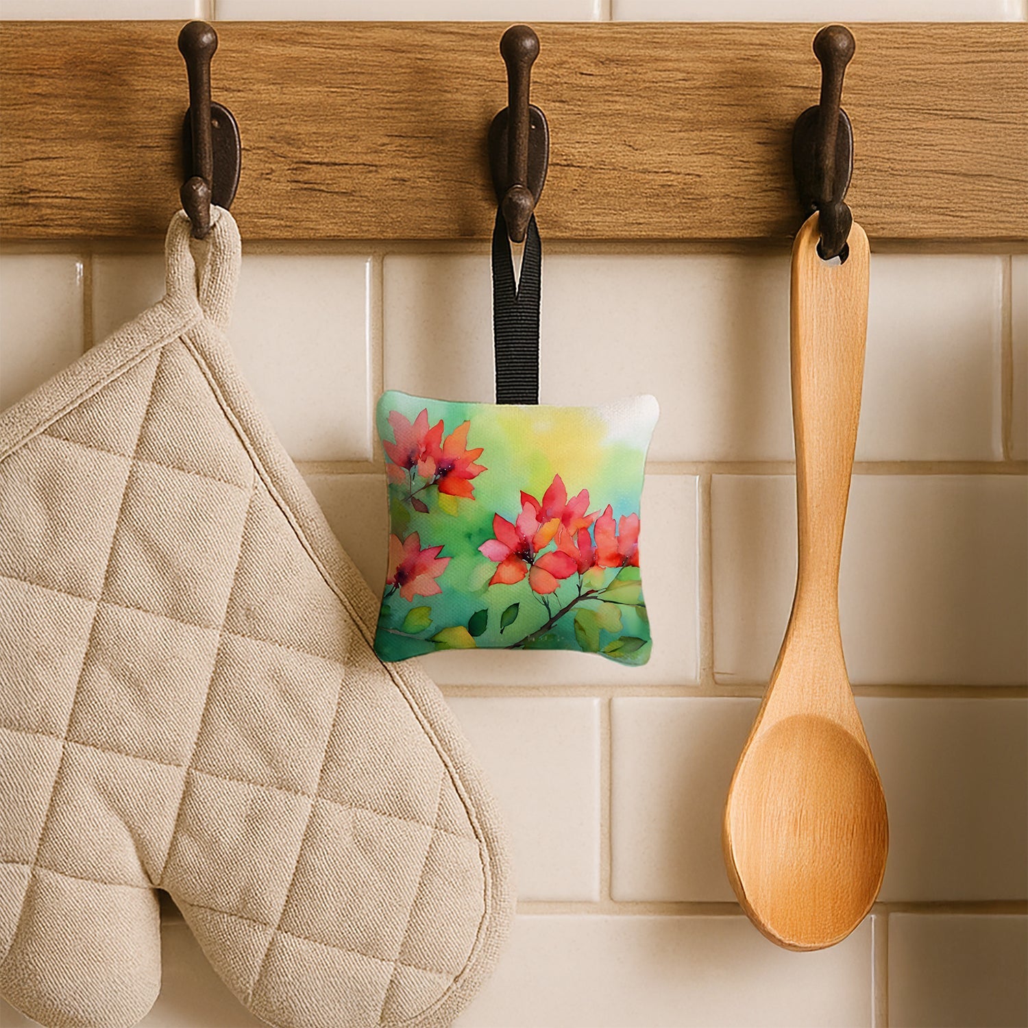 Missouri Hawthorns in Watercolor Hanging Square Fabric Ornament 3.5 × 3.5 Decorative Door-Knob & Tree Hanger, Soft Fabric