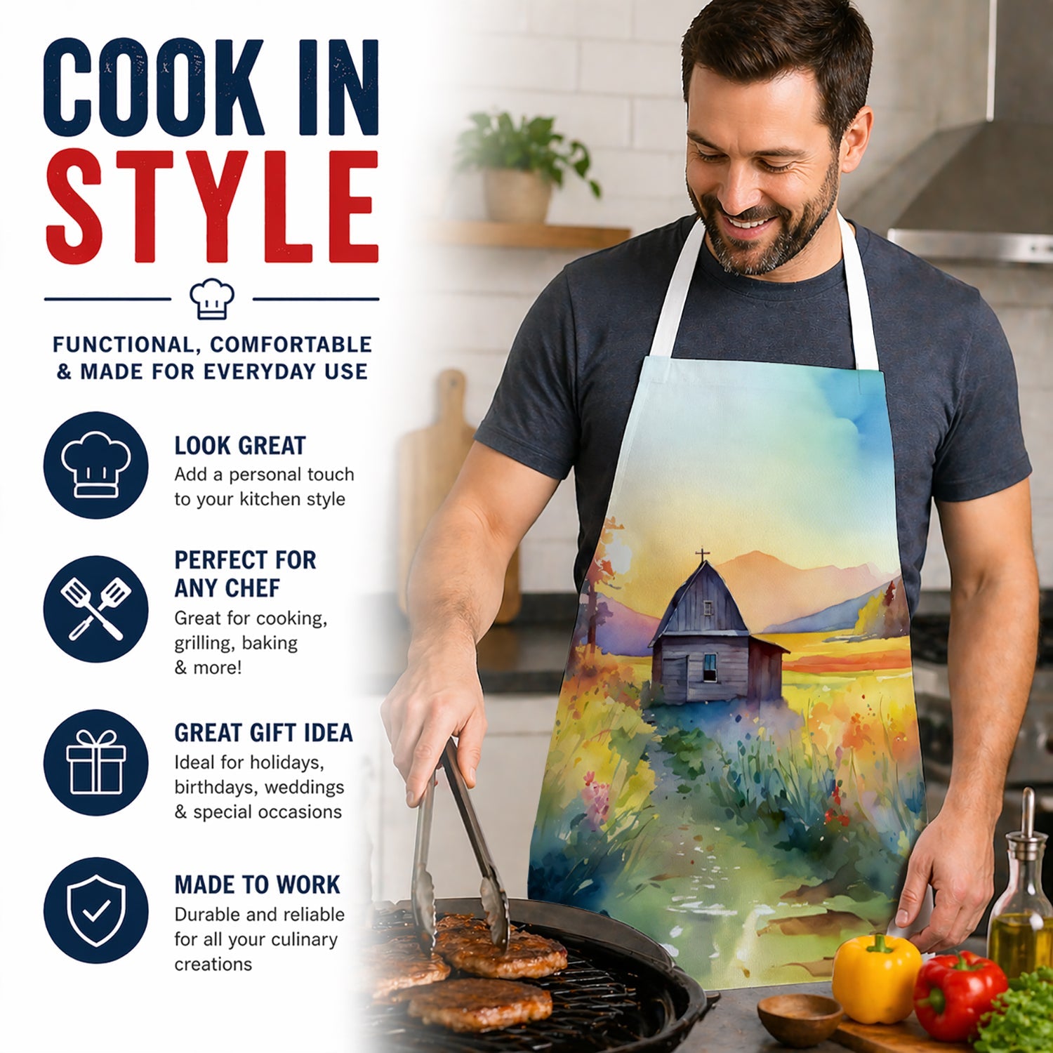 Montana Bitterroot in Watercolor Apron Cooking Kitchen Server Baking Crafts Gardening for Adult Women Men, Unisex, Large, Multicolor