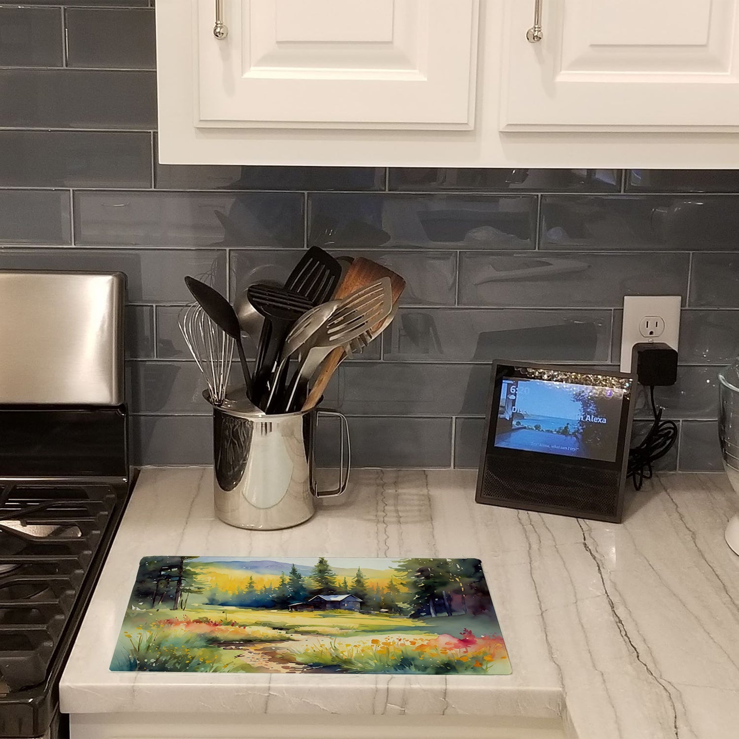 Montana Bitterroot in Watercolor Cutting Board Tempered Glass Kitchen Cutting Surface, Heat Resistant Chopping, Non-Slip Feet, Food Prep & Serving