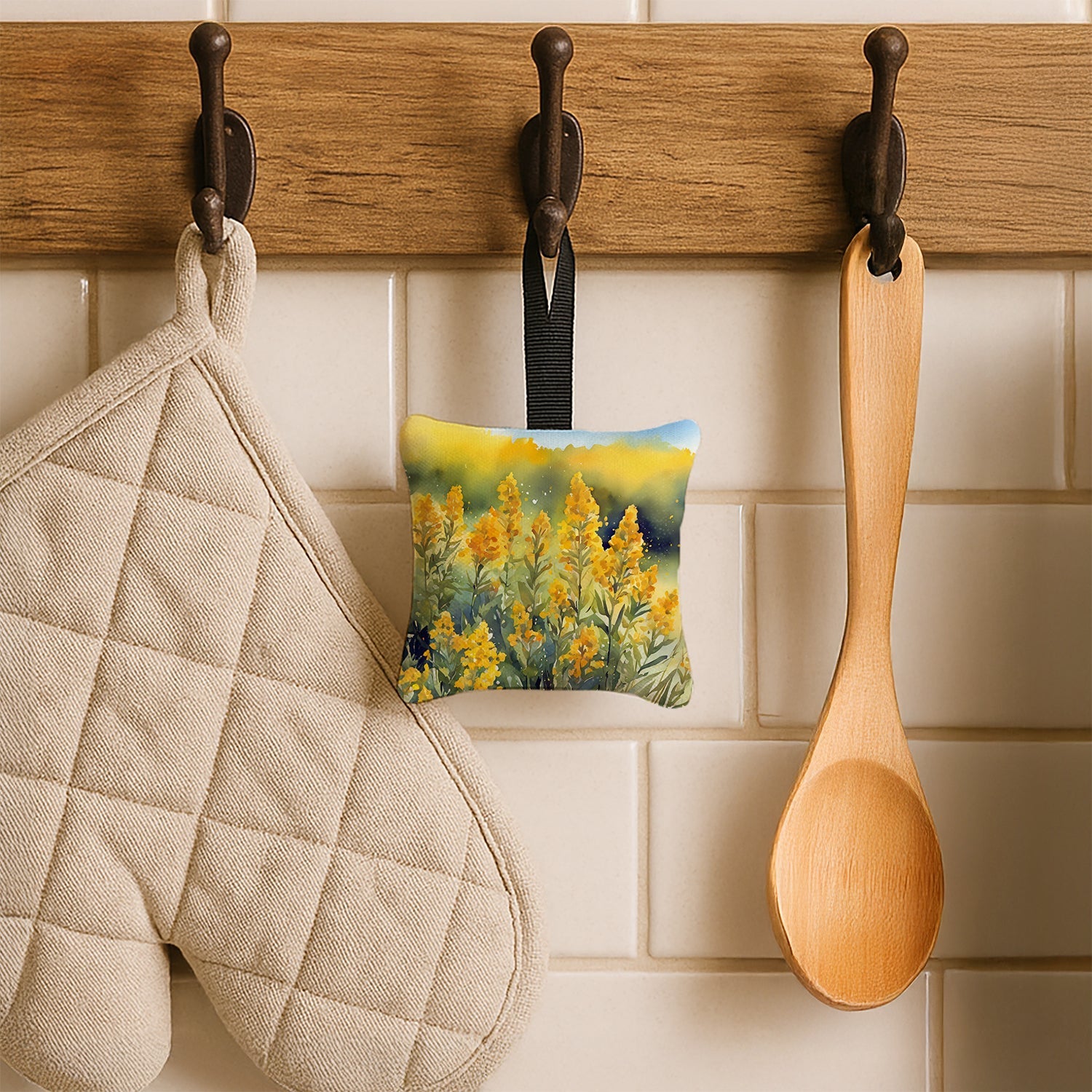 Nebraska Goldenrod in Watercolor Hanging Square Fabric Ornament 3.5 × 3.5 Decorative Door-Knob & Tree Hanger, Soft Fabric