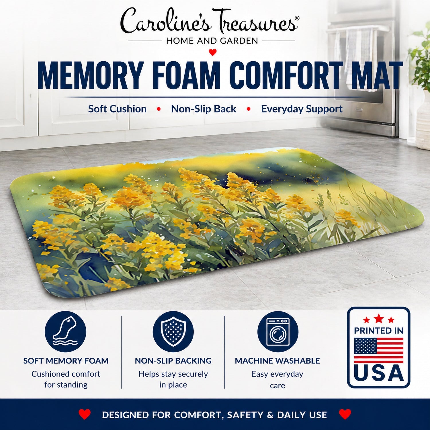 Nebraska Goldenrod in Watercolor Memory Foam Kitchen Mat Machine Washable Anti-Fatigue Cushion Comfort Bath or Kitchen Rug