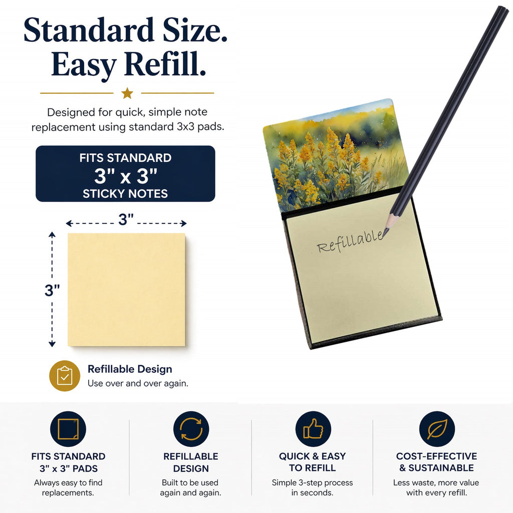 Nebraska Goldenrod in Watercolor Watercolor Sticky Note Holder Refillable Dispenser Desk Accessory 3x3 Pad Gift