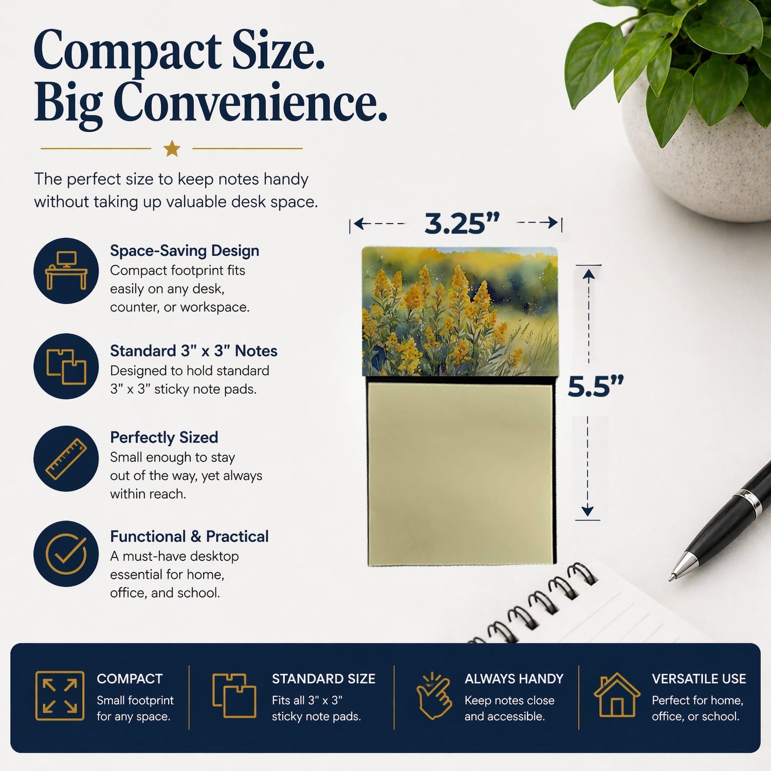 Nebraska Goldenrod in Watercolor Watercolor Sticky Note Holder Refillable Dispenser Desk Accessory 3x3 Pad Gift