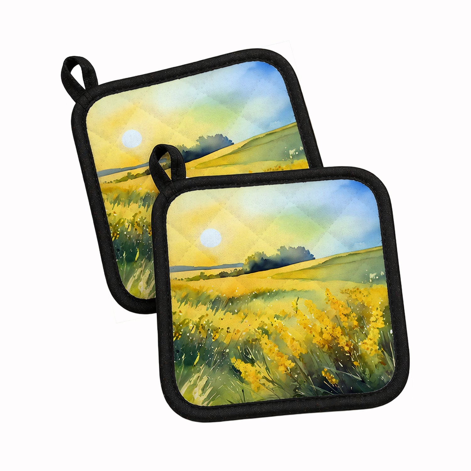 Nebraska Goldenrod in Watercolor Pot Holder Set of 2 Heat Resistant Quilted Hot Pads 7.5 x 7.5 Inch, Insulated Kitchen Trivets for Cooking & Baking