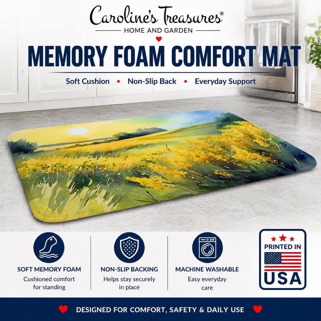 Nebraska Goldenrod in Watercolor Memory Foam Kitchen Mat Machine Washable Anti-Fatigue Cushion Comfort Bath or Kitchen Rug