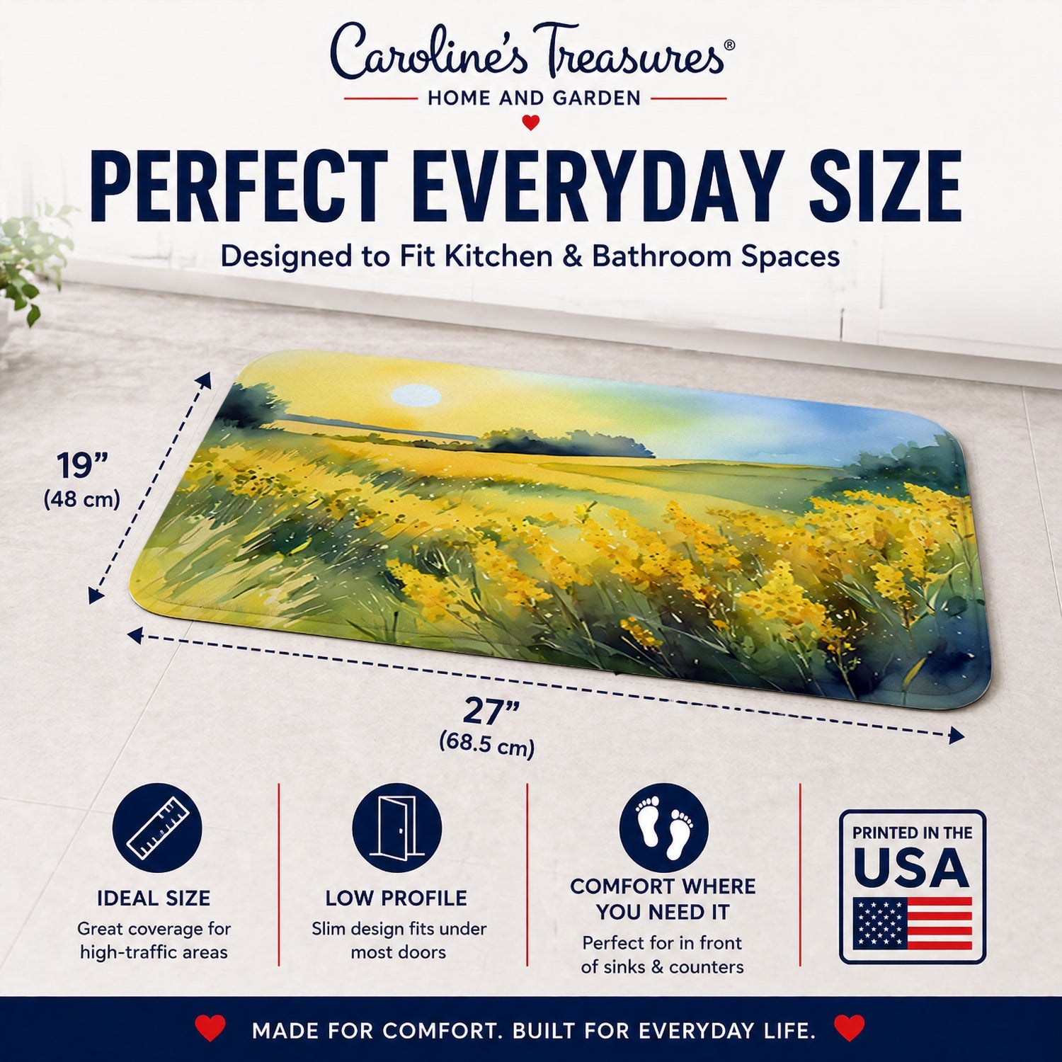 Nebraska Goldenrod in Watercolor Memory Foam Kitchen Mat Machine Washable Anti-Fatigue Cushion Comfort Bath or Kitchen Rug