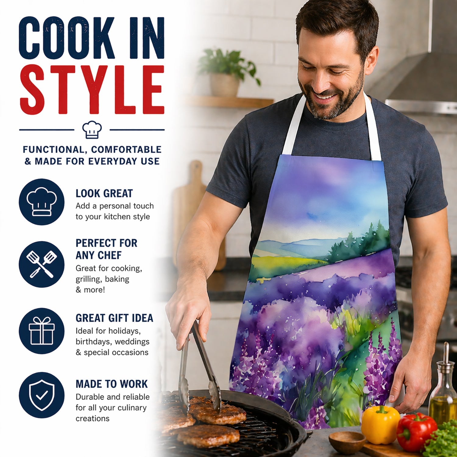 New Hampshire Purple Lilac in Watercolor Apron Cooking Kitchen Server Baking Crafts Gardening for Adult Women Men, Unisex, Large, Multicolor