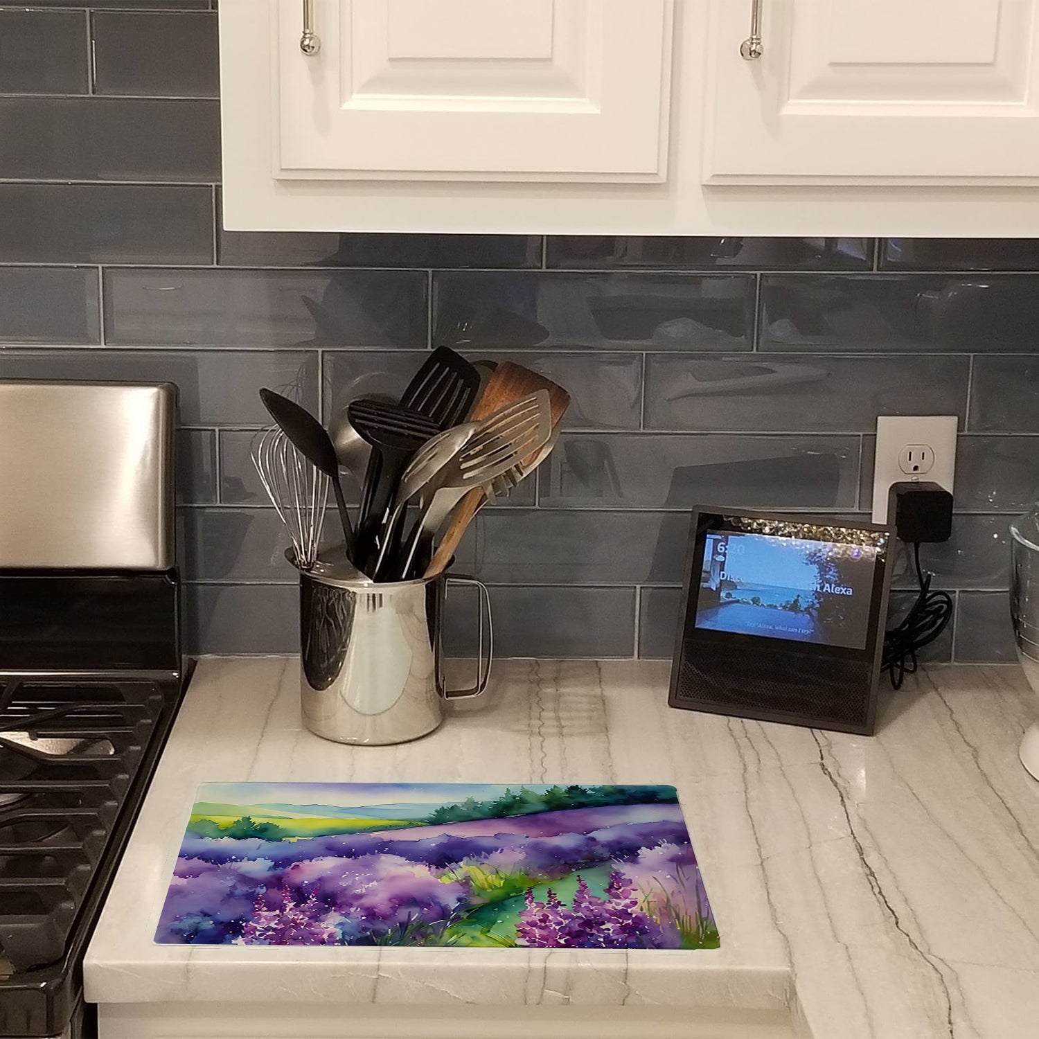 New Hampshire Purple Lilac in Watercolor Cutting Board Tempered Glass Kitchen Cutting Surface, Heat Resistant Chopping, Non-Slip Feet, Food Prep & Serving