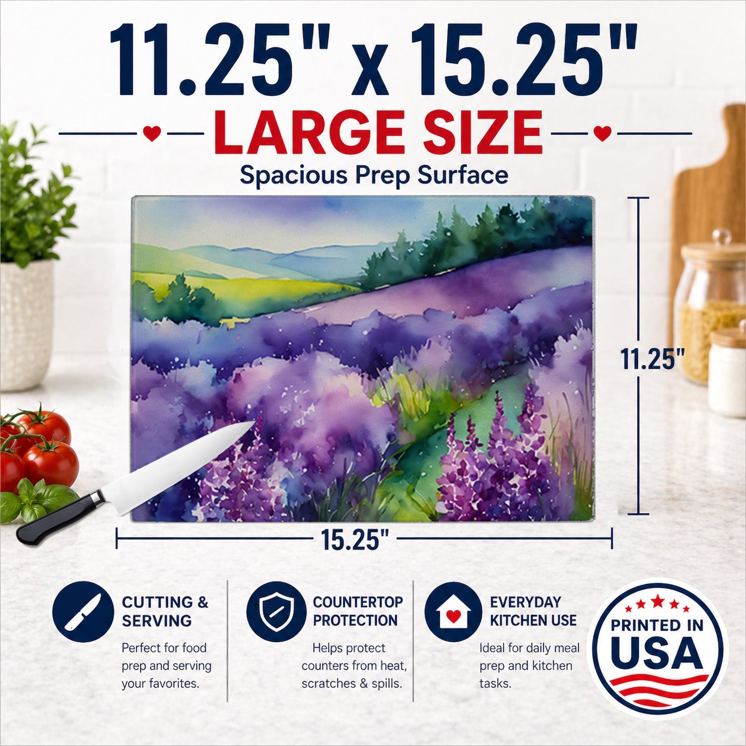 New Hampshire Purple Lilac in Watercolor Cutting Board Tempered Glass Kitchen Cutting Surface, Heat Resistant Chopping, Non-Slip Feet, Food Prep & Serving