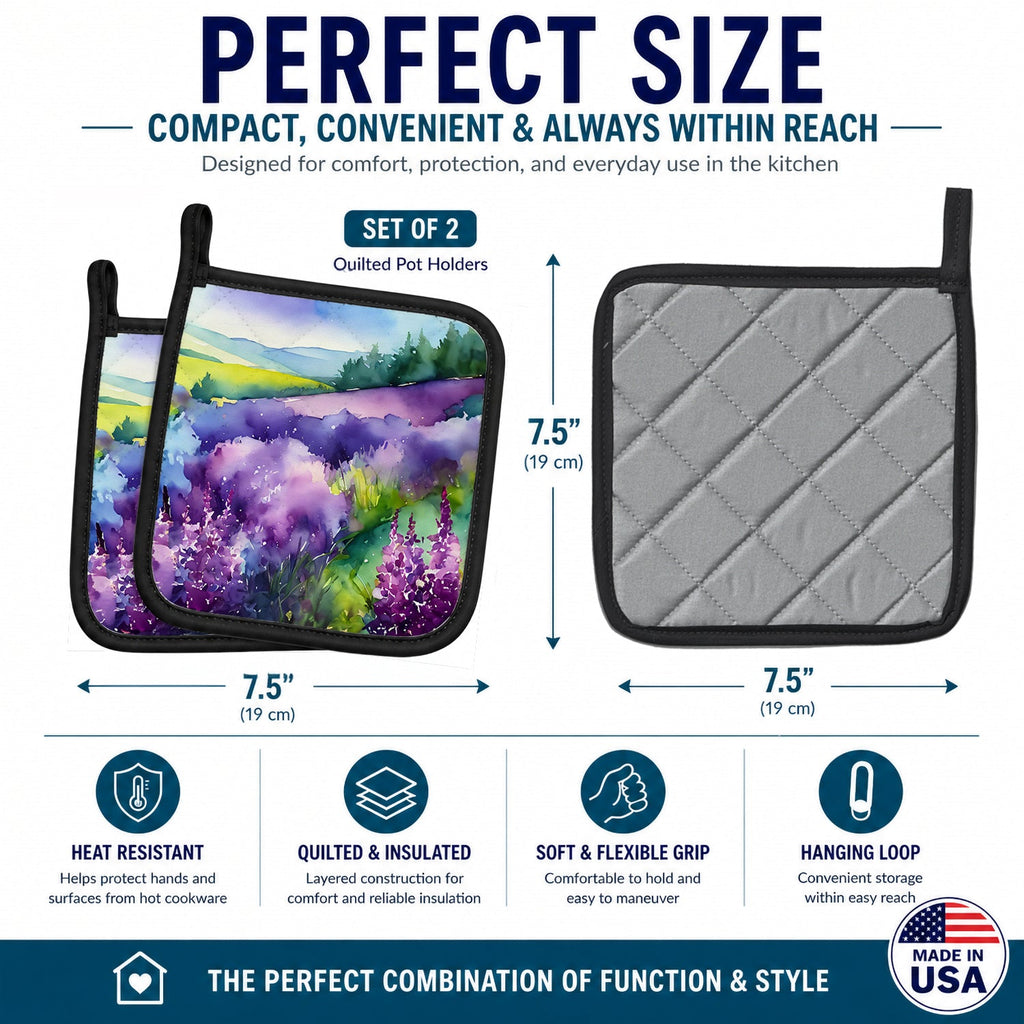 New Hampshire Purple Lilac in Watercolor Pot Holder Set of 2 Heat Resistant Quilted Hot Pads 7.5 x 7.5 Inch, Insulated Kitchen Trivets for Cooking & Baking