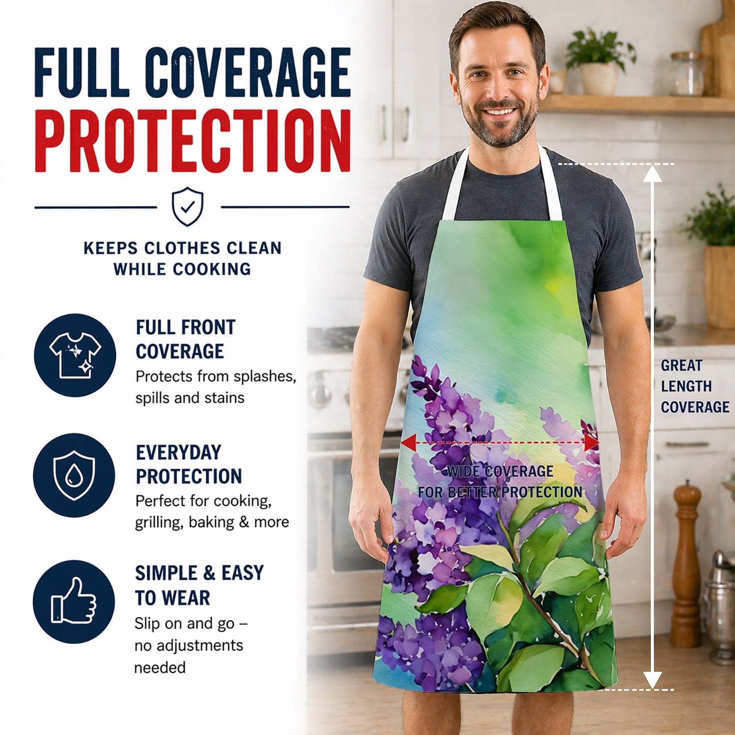 New Hampshire Purple Lilac in Watercolor Apron Cooking Kitchen Server Baking Crafts Gardening for Adult Women Men, Unisex, Large, Multicolor