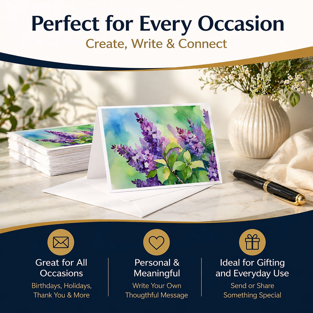New Hampshire Purple Lilac in Watercolor Greeting Cards Pack of 8 Blank Cards with Envelopes Whimsical A7 Size 5x7