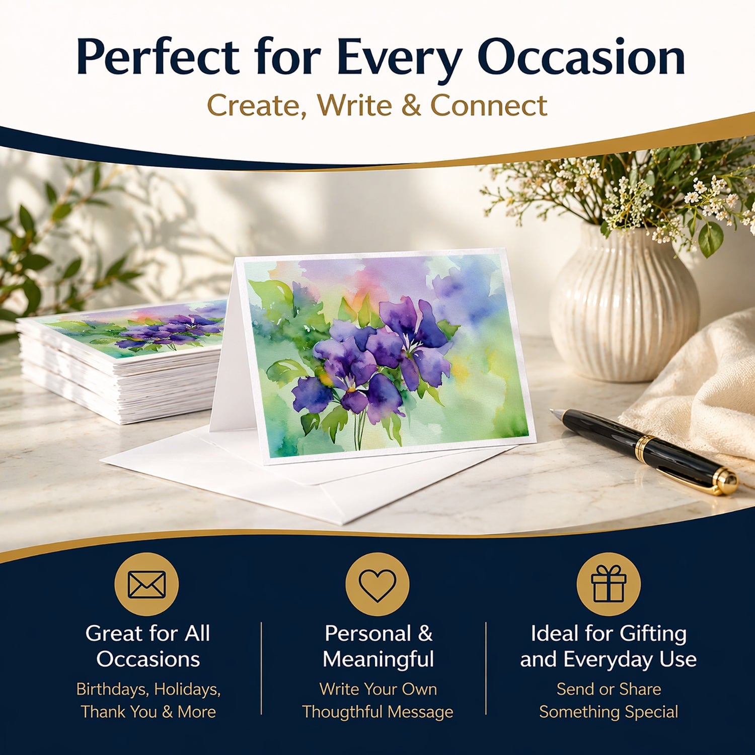 New Jersey Violet in Watercolor Greeting Cards Pack of 8 Blank Cards with Envelopes Whimsical A7 Size 5x7