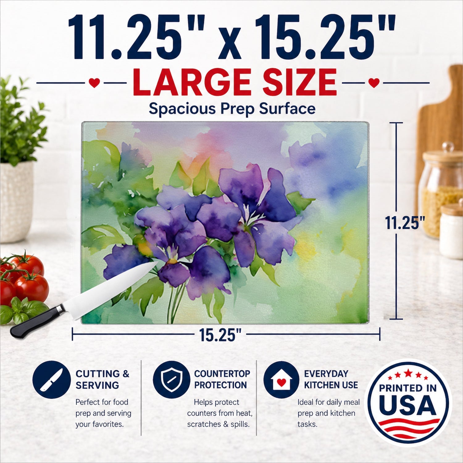 New Jersey Violet in Watercolor Cutting Board Tempered Glass Kitchen Cutting Surface, Heat Resistant Chopping, Non-Slip Feet, Food Prep & Serving