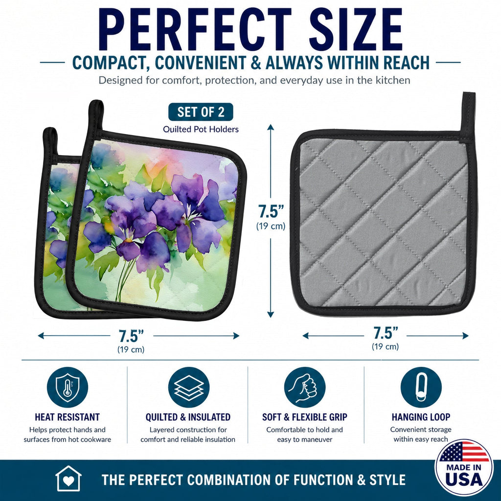 New Jersey Violet in Watercolor Pot Holder Set of 2 Heat Resistant Quilted Hot Pads 7.5 x 7.5 Inch, Insulated Kitchen Trivets for Cooking & Baking