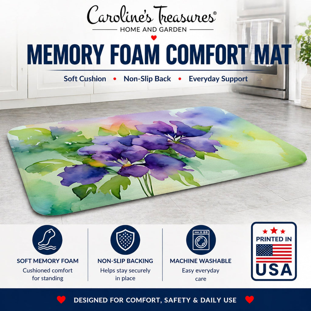 New Jersey Violet in Watercolor Memory Foam Kitchen Mat Machine Washable Anti-Fatigue Cushion Comfort Bath or Kitchen Rug