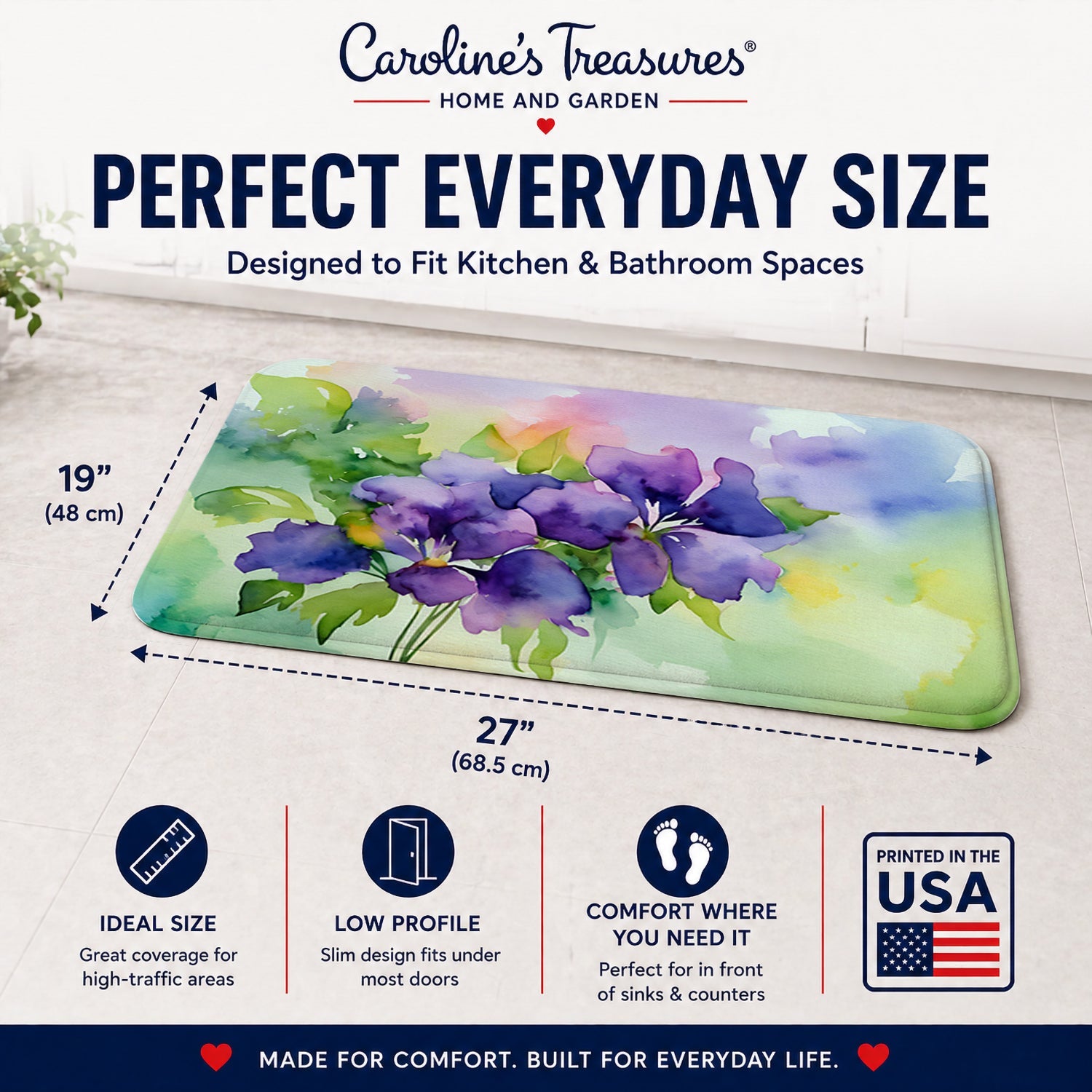 New Jersey Violet in Watercolor Memory Foam Kitchen Mat Machine Washable Anti-Fatigue Cushion Comfort Bath or Kitchen Rug