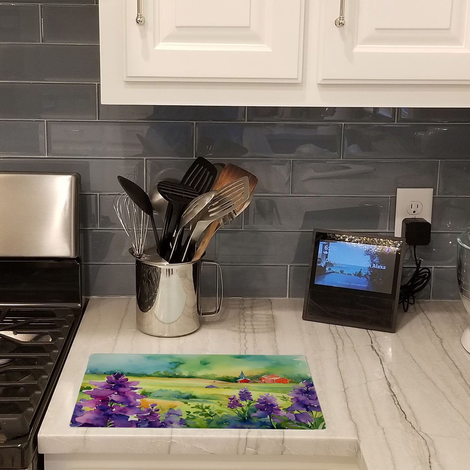 New Jersey Violet in Watercolor Cutting Board Tempered Glass Kitchen Cutting Surface, Heat Resistant Chopping, Non-Slip Feet, Food Prep & Serving