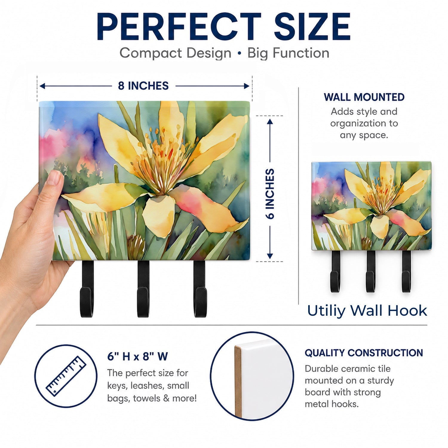 New Mexico Yucca Flower in Watercolor Leash or Key Holder Wall Hooks, Coat Rack Wall Mount, for Hanging Keys, Towels, Aprons, Leashes