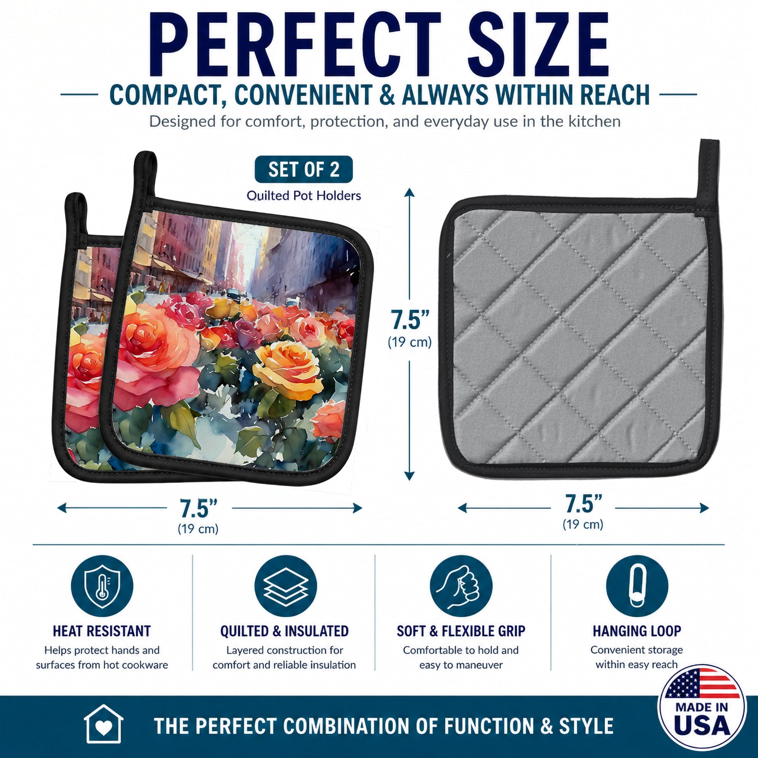 New York Roses in Watercolor Pot Holder Set of 2 Heat Resistant Quilted Hot Pads 7.5 x 7.5 Inch, Insulated Kitchen Trivets for Cooking & Baking