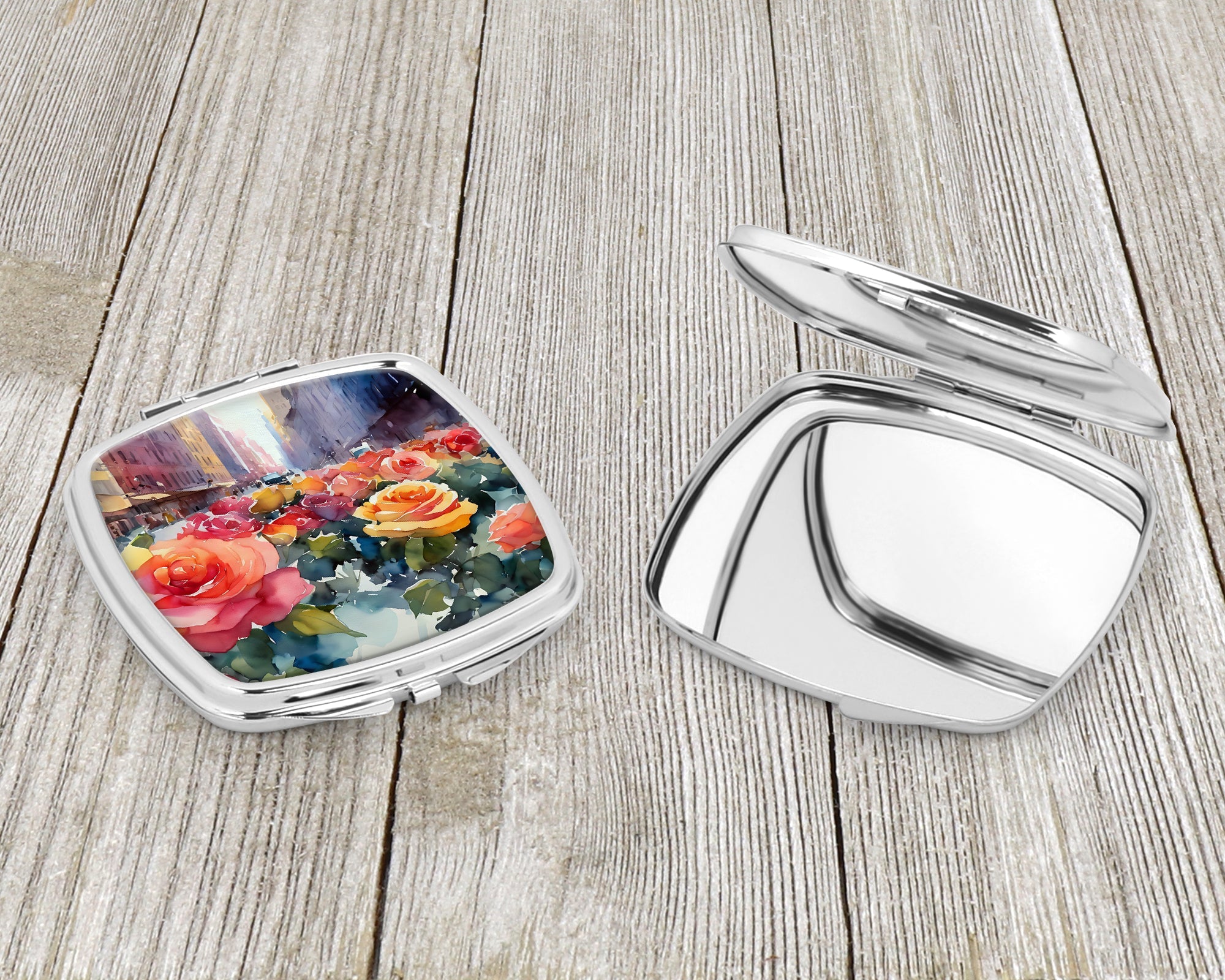 New York Roses in Watercolor Compact Mirror Decorative Travel Makeup Mirror for Women Girls Gifts Pocket Makeup Mirror Folding Handheld