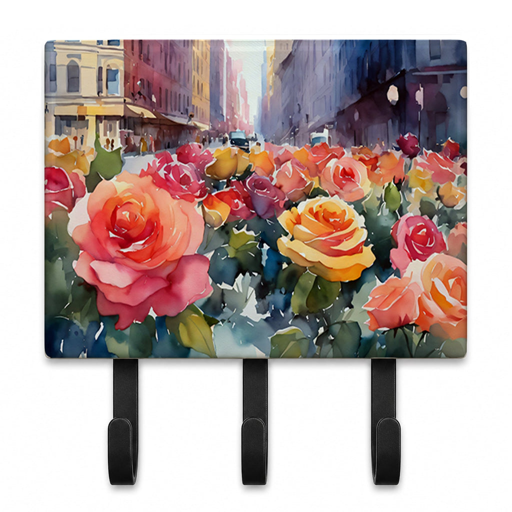 New York Roses in Watercolor Leash or Key Holder Wall Hooks, Coat Rack Wall Mount, for Hanging Keys, Towels, Aprons, Leashes