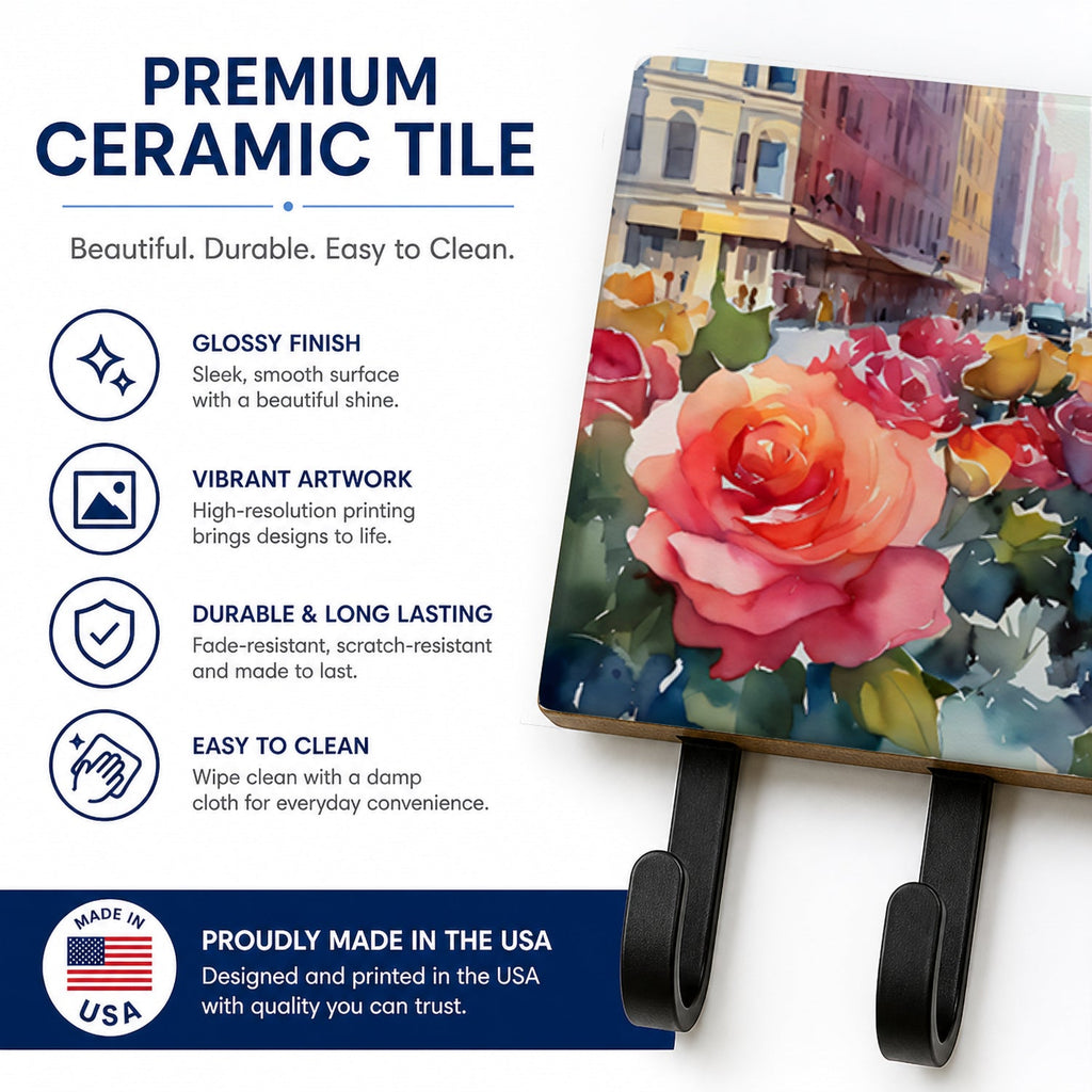 New York Roses in Watercolor Leash or Key Holder Wall Hooks, Coat Rack Wall Mount, for Hanging Keys, Towels, Aprons, Leashes
