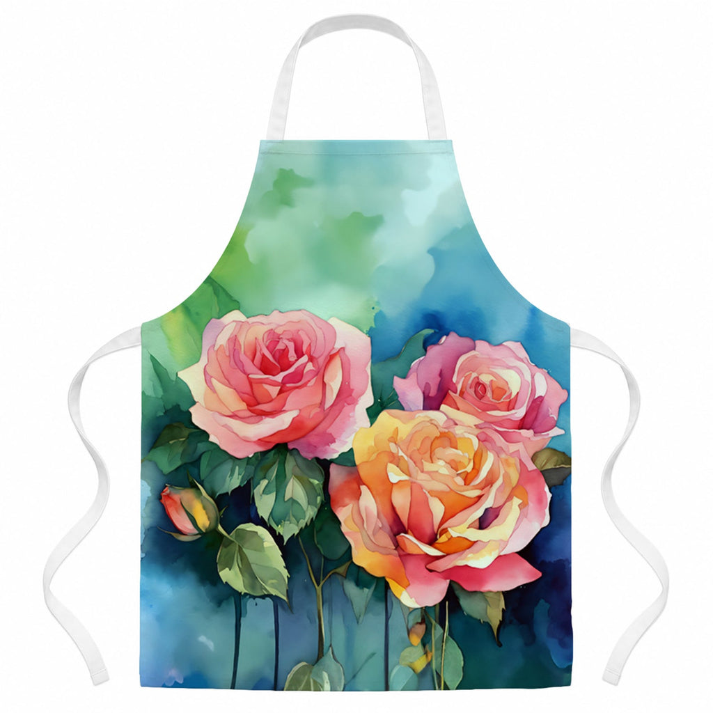 New York Roses in Watercolor Apron Cooking Kitchen Server Baking Crafts Gardening for Adult Women Men, Unisex, Large, Multicolor