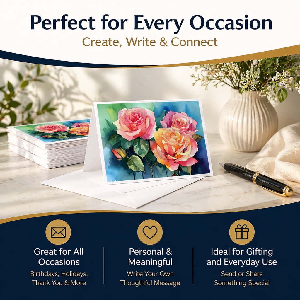 New York Roses in Watercolor Greeting Cards Pack of 8 Blank Cards with Envelopes Whimsical A7 Size 5x7