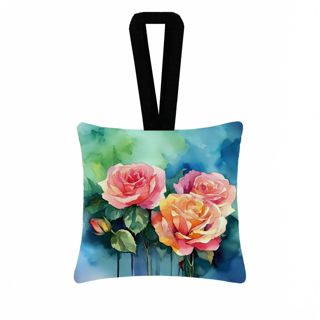 New York Roses in Watercolor Hanging Square Fabric Ornament 3.5 × 3.5 Decorative Door-Knob & Tree Hanger, Soft Fabric