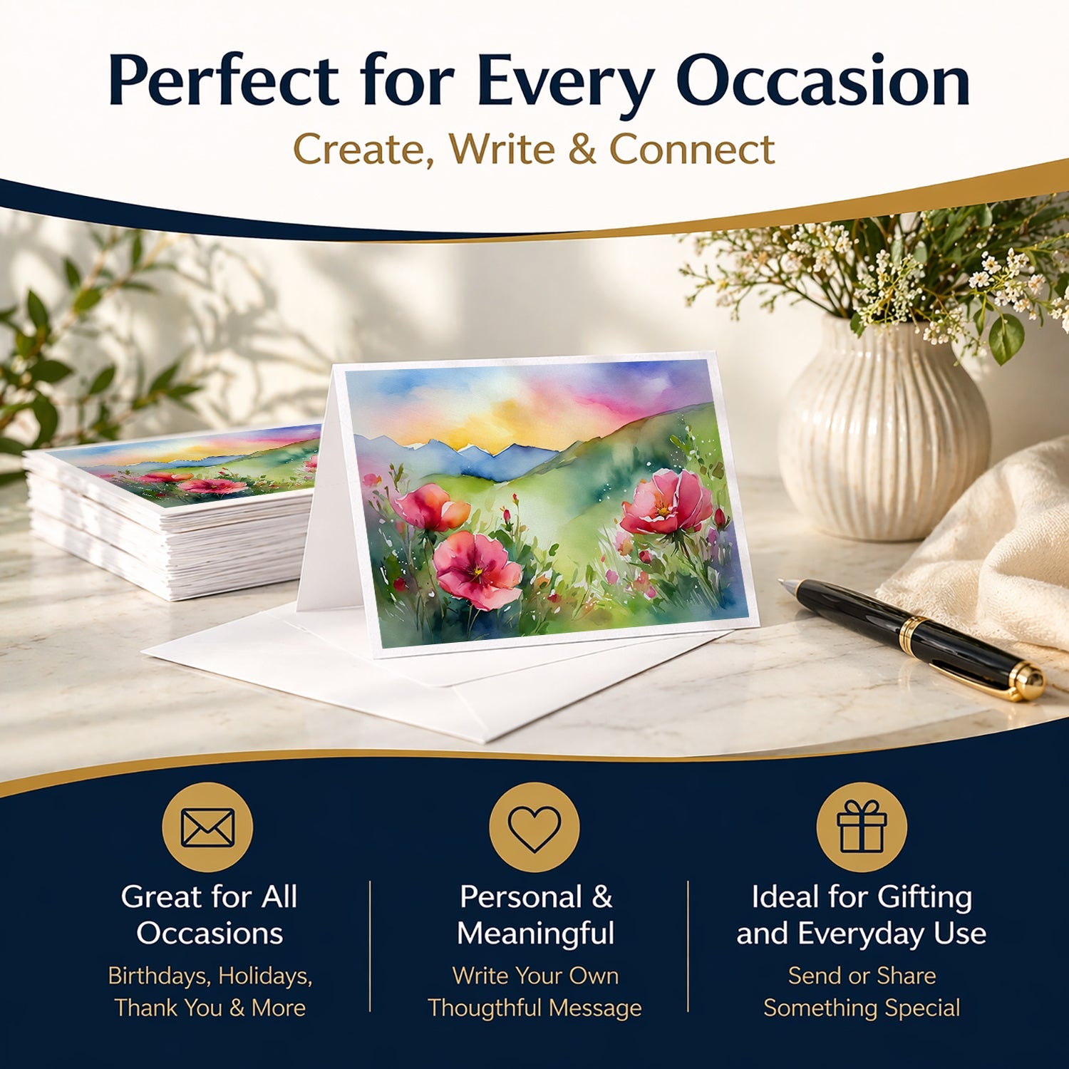 North Dakota Wild Prairie Roses in Watercolor Greeting Cards Pack of 8 Blank Cards with Envelopes Whimsical A7 Size 5x7