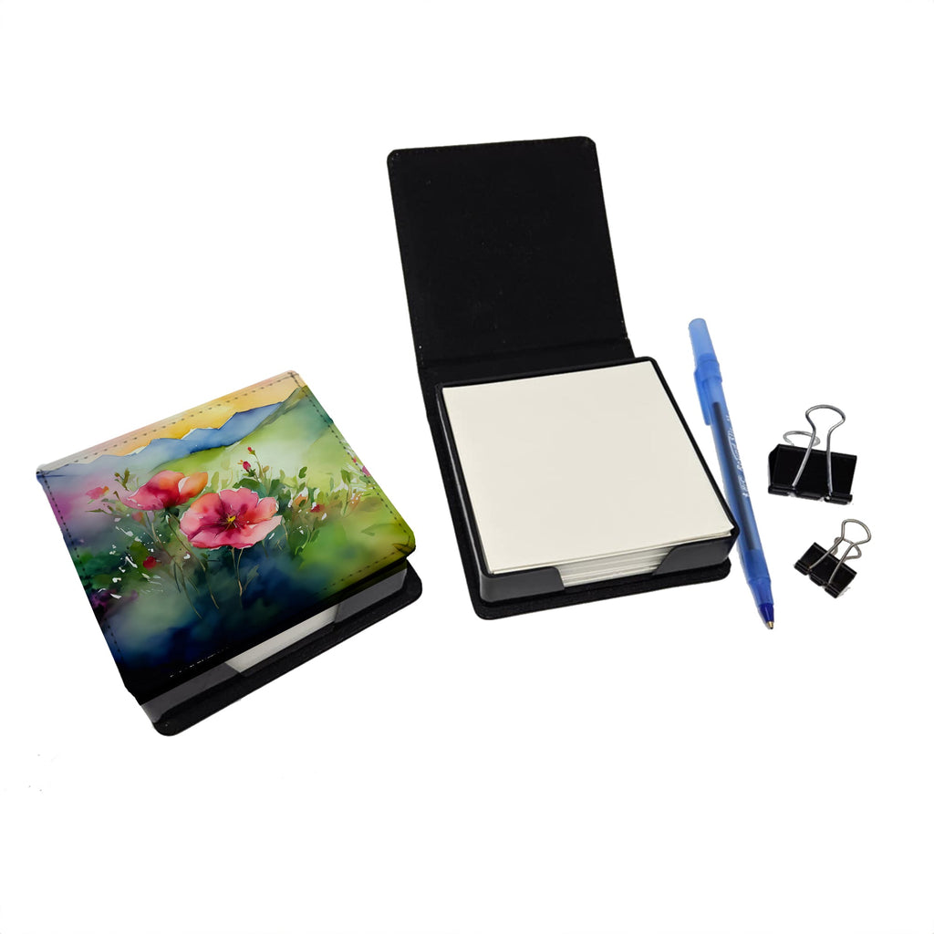 North Dakota Wild Prairie Roses in Watercolor PU Leather Note Paper Holder with Artist-Designed Cover, Desk Accessory, Office Gift