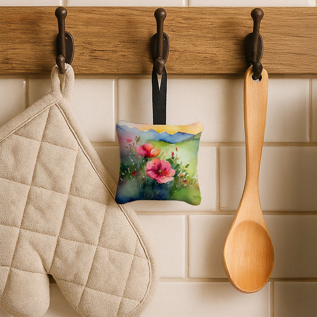 North Dakota Wild Prairie Roses in Watercolor Hanging Square Fabric Ornament 3.5 × 3.5 Decorative Door-Knob & Tree Hanger, Soft Fabric