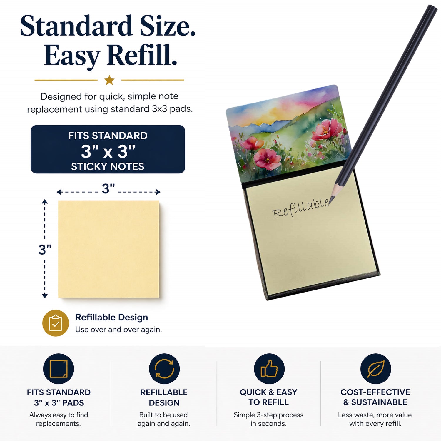 North Dakota Wild Prairie Roses in Watercolor Watercolor Sticky Note Holder Refillable Dispenser Desk Accessory 3x3 Pad Gift