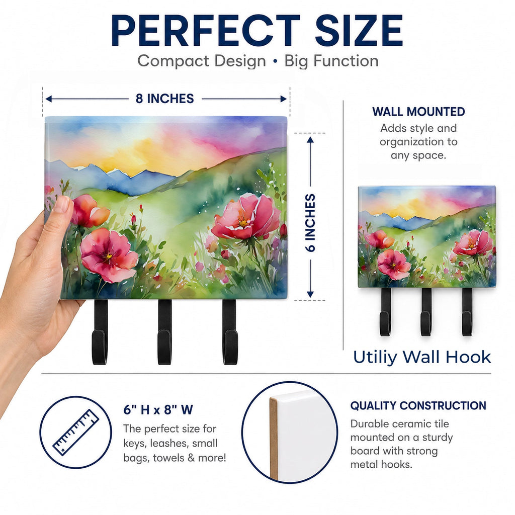 North Dakota Wild Prairie Roses in Watercolor Leash or Key Holder Wall Hooks, Coat Rack Wall Mount, for Hanging Keys, Towels, Aprons, Leashes
