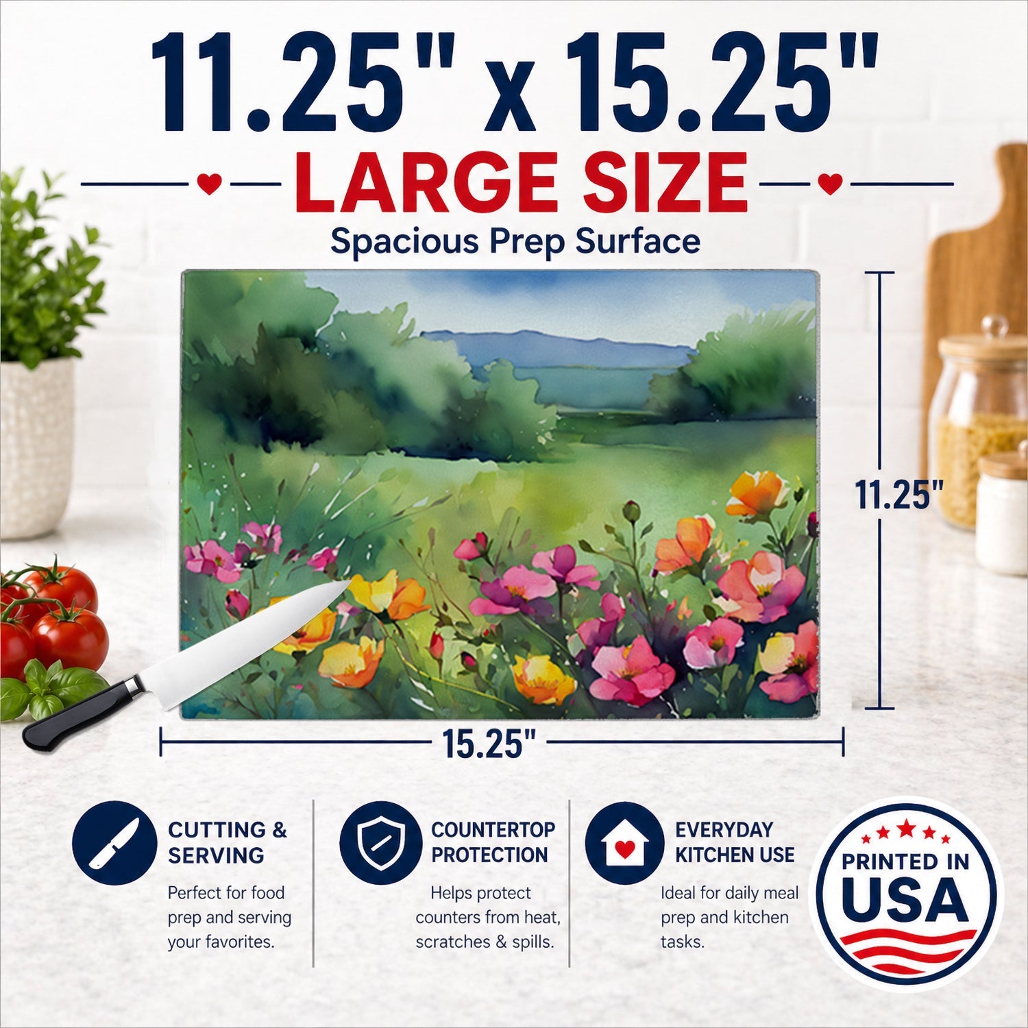 North Dakota Wild Prairie Roses in Watercolor Cutting Board Tempered Glass Kitchen Cutting Surface, Heat Resistant Chopping, Non-Slip Feet, Food Prep & Serving