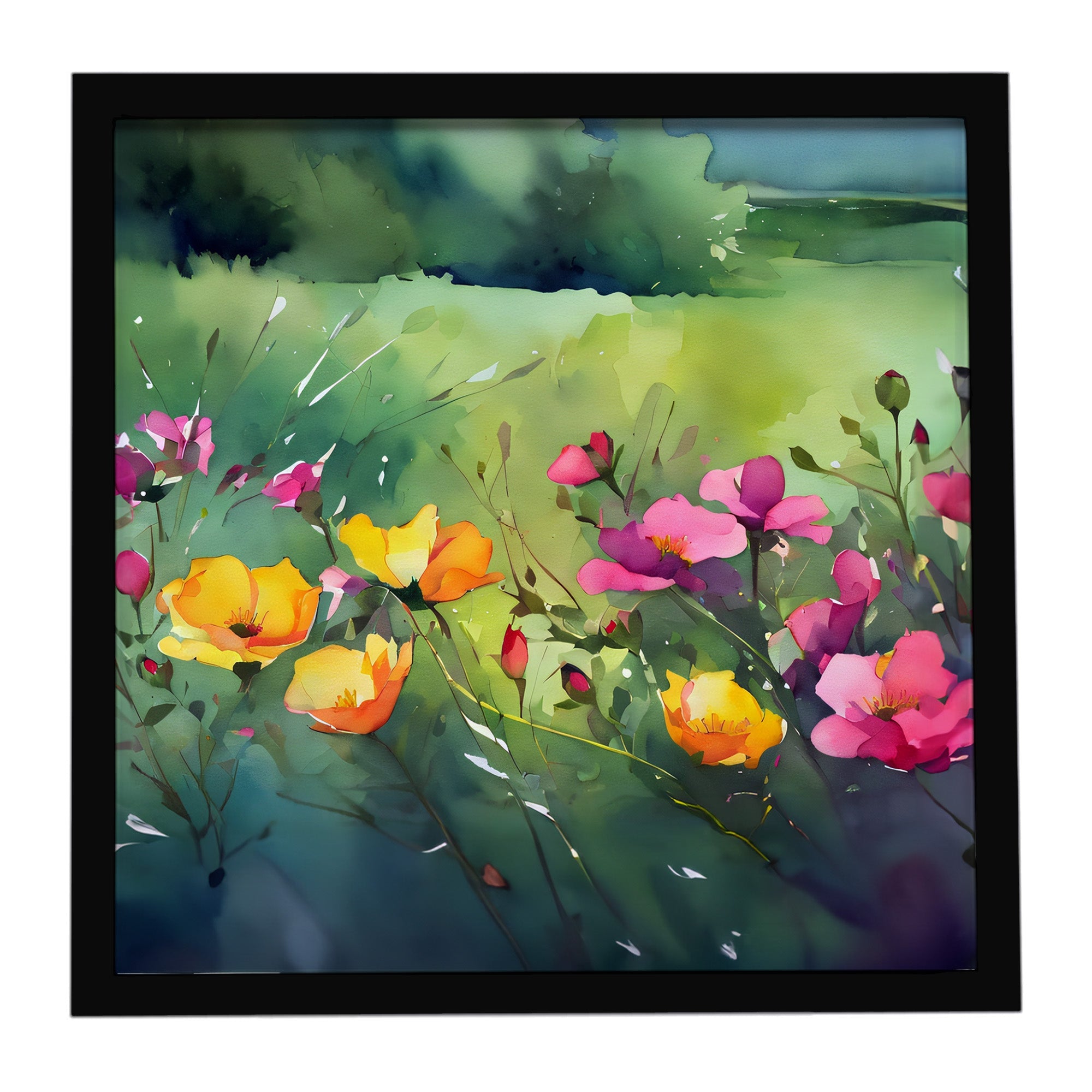 North Dakota Wild Prairie Roses in Watercolor Framed Metal Print Bathroom, Kitchen, Office, Home Decor Wall Art Ready to Hang, Square, 8X8
