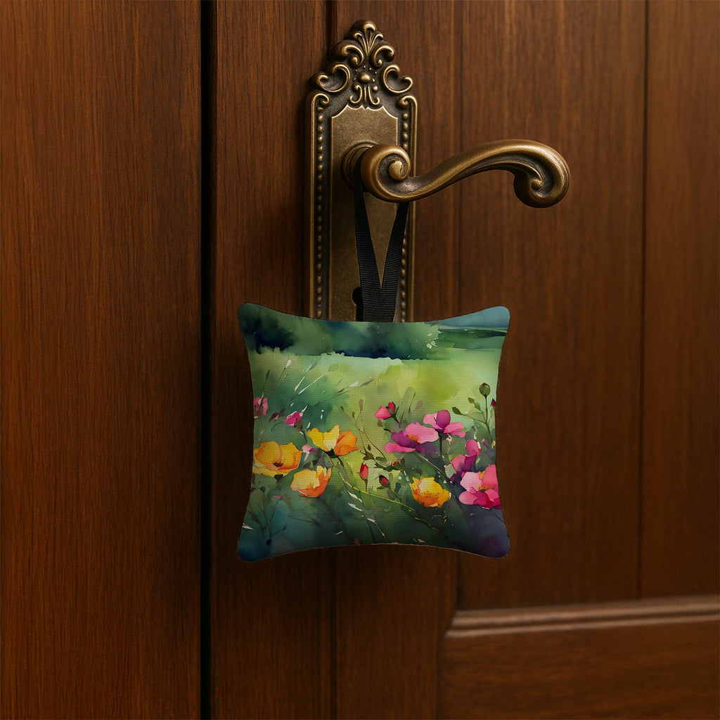 North Dakota Wild Prairie Roses in Watercolor Hanging Square Fabric Ornament 3.5 × 3.5 Decorative Door-Knob & Tree Hanger, Soft Fabric