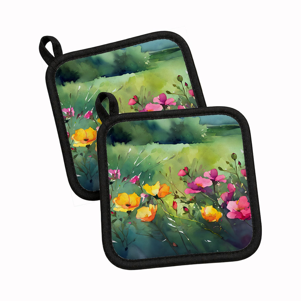 North Dakota Wild Prairie Roses in Watercolor Pot Holder Set of 2 Heat Resistant Quilted Hot Pads 7.5 x 7.5 Inch, Insulated Kitchen Trivets for Cooking & Baking