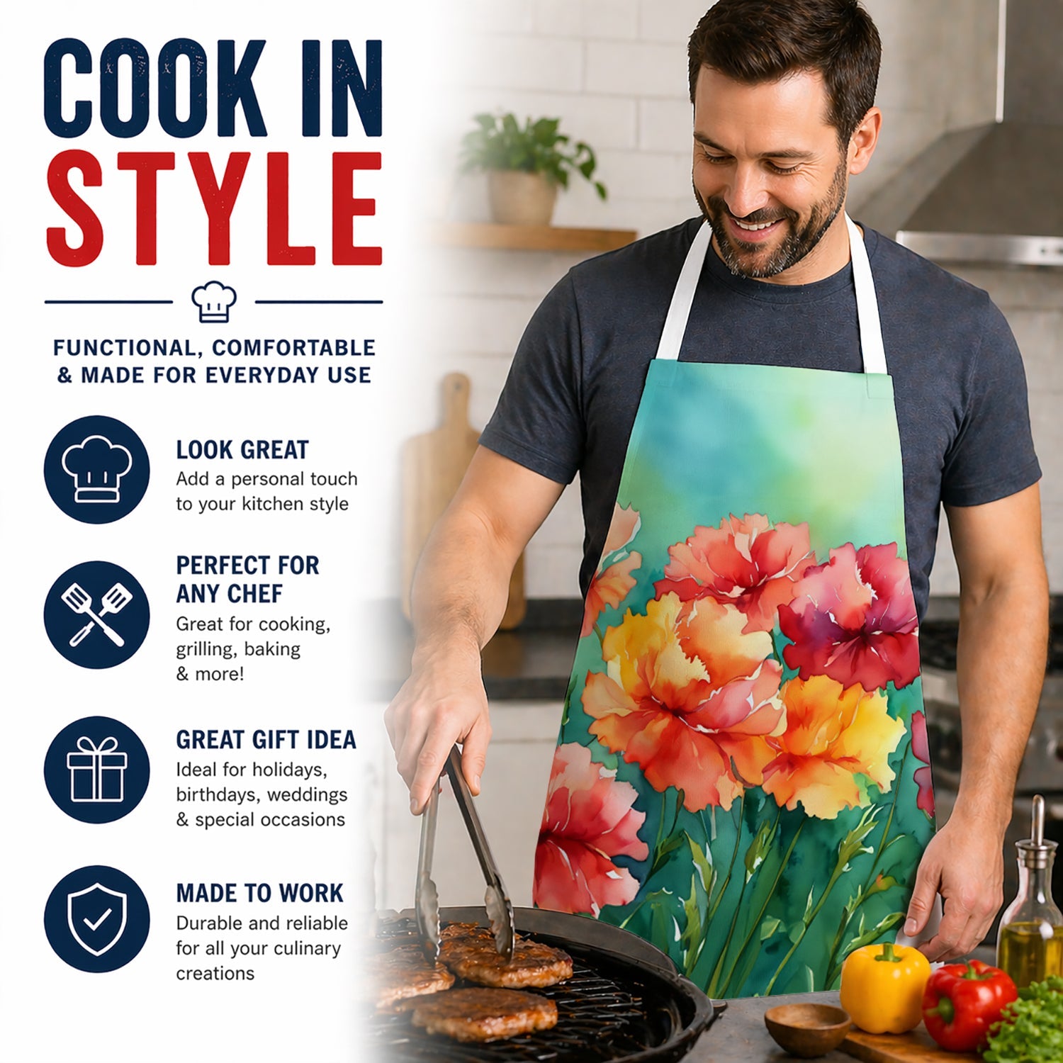 Ohio Scarlet Carnations in Watercolor Apron Cooking Kitchen Server Baking Crafts Gardening for Adult Women Men, Unisex, Large, Multicolor