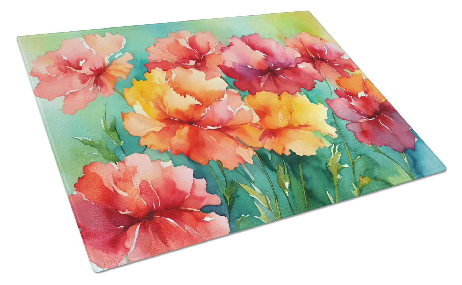 Ohio Scarlet Carnations in Watercolor Cutting Board Tempered Glass Kitchen Cutting Surface, Heat Resistant Chopping, Non-Slip Feet, Food Prep & Serving