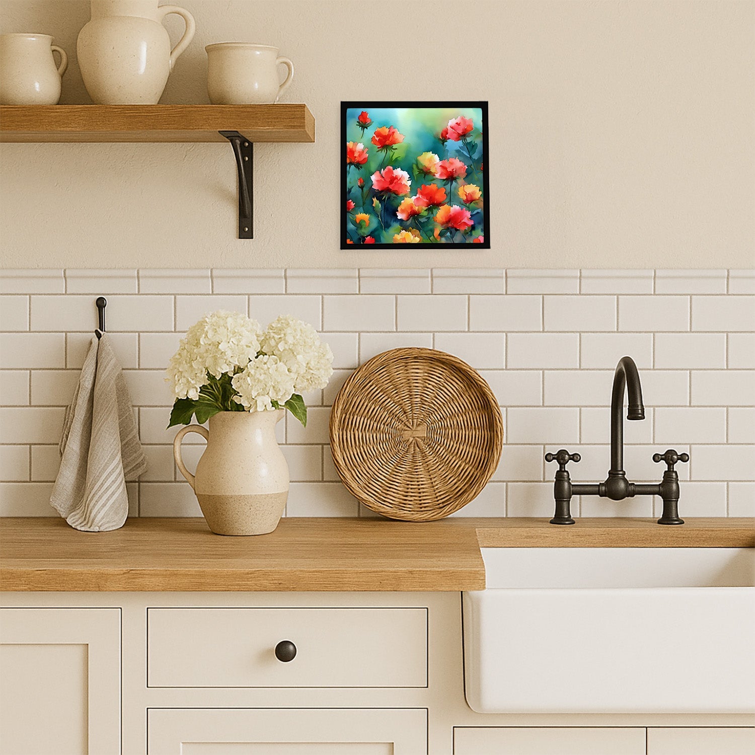 Ohio Scarlet Carnations in Watercolor Framed Metal Print Bathroom, Kitchen, Office, Home Decor Wall Art Ready to Hang, Square, 8X8