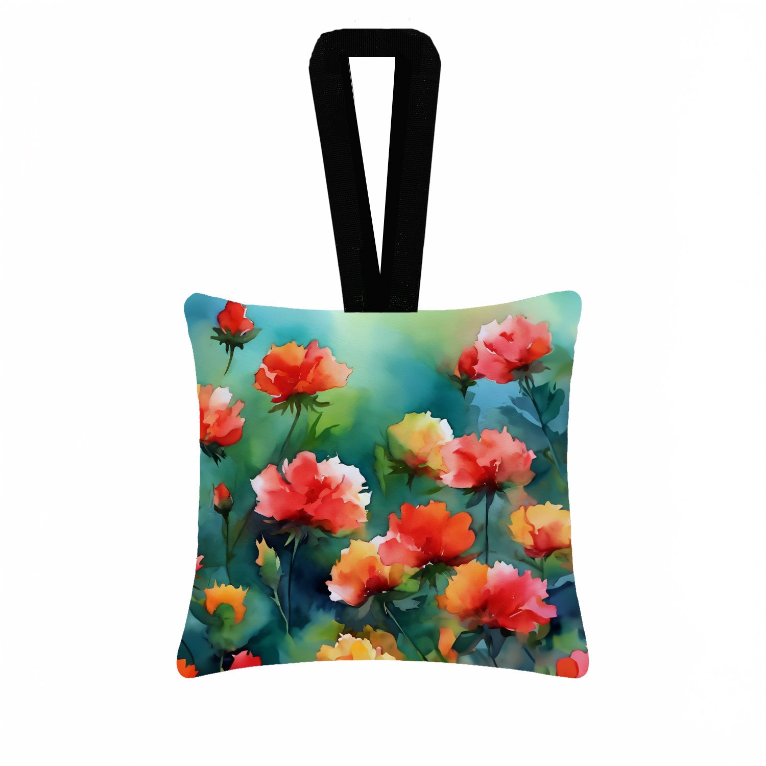 Ohio Scarlet Carnations in Watercolor Hanging Square Fabric Ornament 3.5 × 3.5 Decorative Door-Knob & Tree Hanger, Soft Fabric