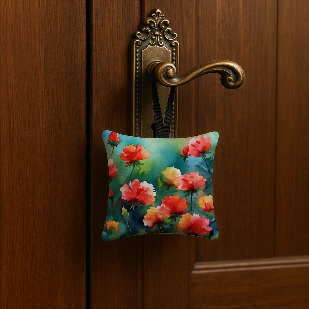 Ohio Scarlet Carnations in Watercolor Hanging Square Fabric Ornament 3.5 × 3.5 Decorative Door-Knob & Tree Hanger, Soft Fabric