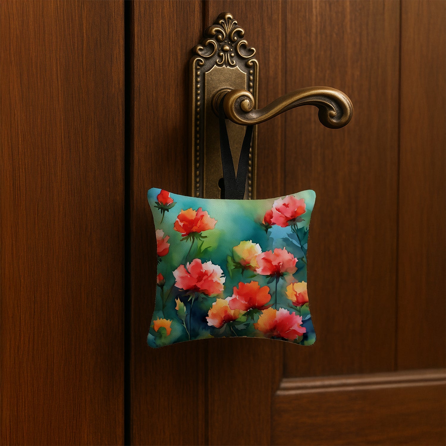 Ohio Scarlet Carnations in Watercolor Hanging Square Fabric Ornament 3.5 × 3.5 Decorative Door-Knob & Tree Hanger, Soft Fabric