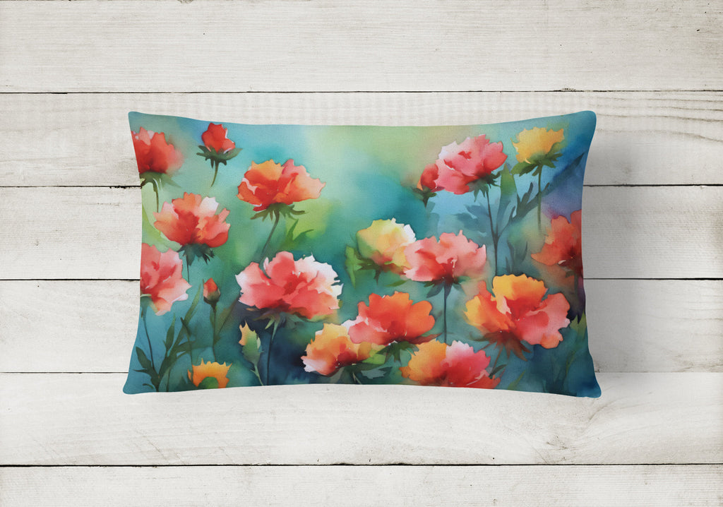 Ohio Scarlet Carnations in Watercolor Decorative Throw Pillow 12x16 Indoor Outdoor Accent Cushion, Fabric Cover with Insert for Sofa, Bed, Porch & Living Room
